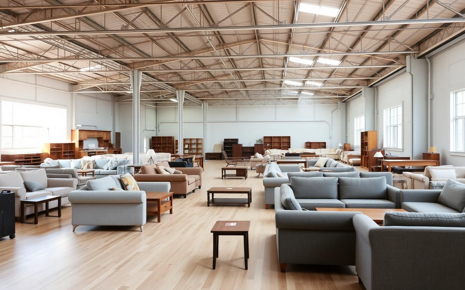 Bright showroom filled with donated sofas, tables and bookcases