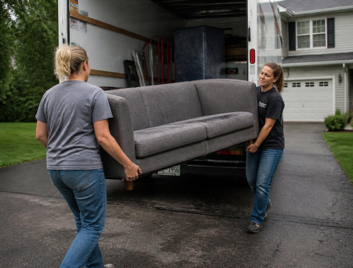 The Junkiez crew loading a sofa into a pickup truck