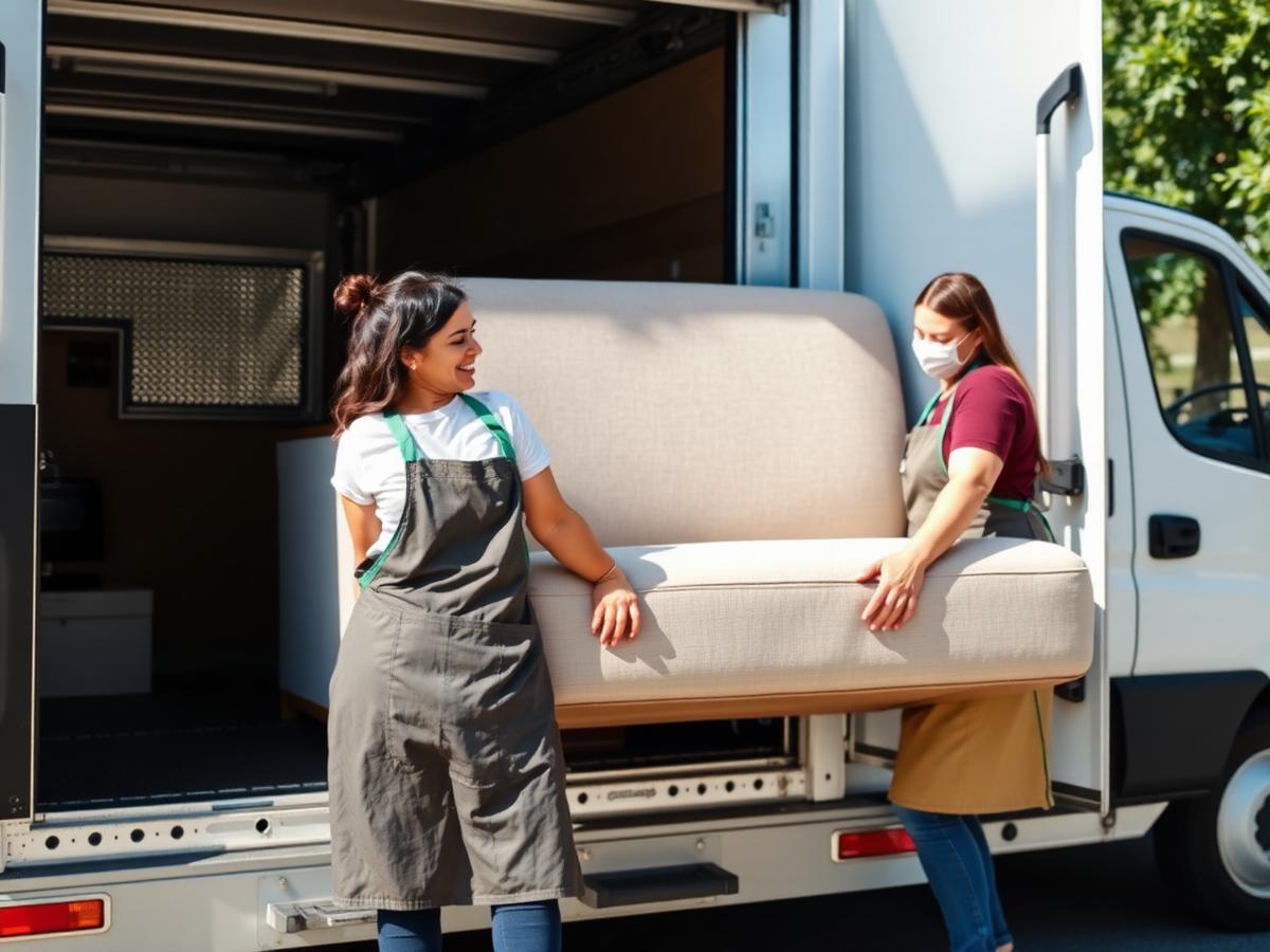 Volunteers loading a sofa into a donation center truck
